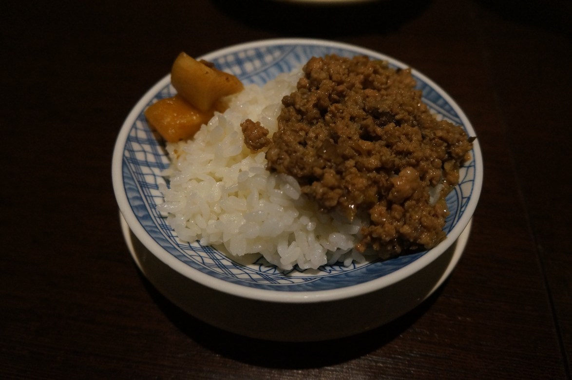 Scallop and pork gravy over rice
